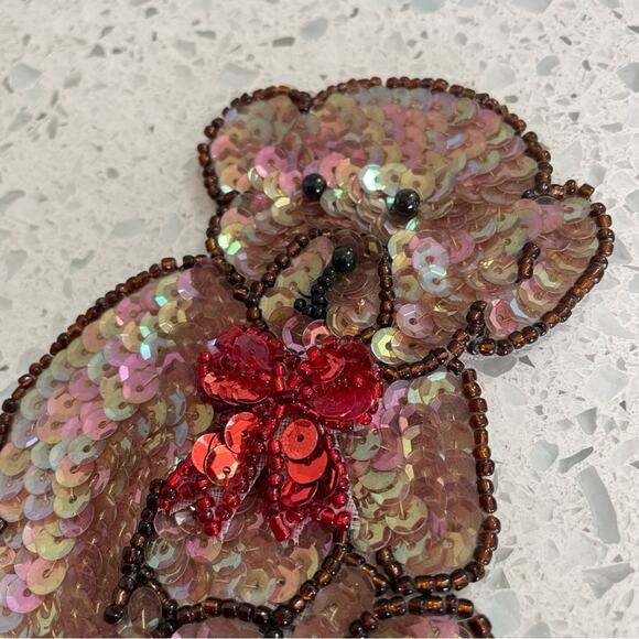 Vintage Teddy Bear Sequin Patch Small Brown Red Bow - Picture 3 of 4